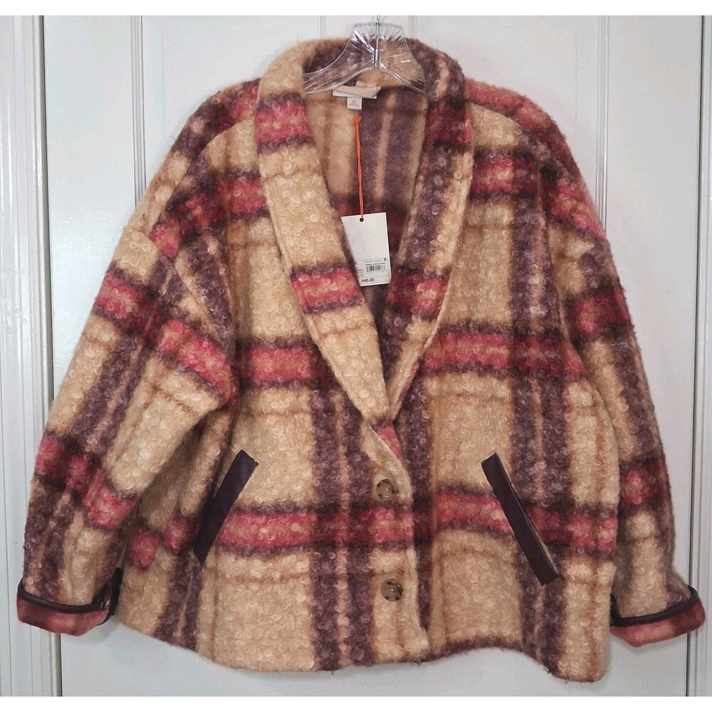 Knox Rose Womens XXL Plaid Coatigan Jacket NWT Burgundy Beige Faux Leather Trim